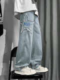 Men's Distressed Star Embroidered Loose Jeans-Outfit