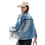 Short Jacket Women's 2022 Spring Fall New Chains Fringe Loose High-Waist Jeans Top Female Black Jean Coats Students