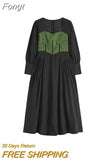 Women French Vintage Patchwork Black Dress Slim Female Elegant Square Collar Long Sleeve High Waist A-line Midi Long Frocks