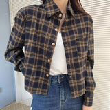 Fongt Plaid Shirt Coat Women Loose Long Sleeve Folding Design Sense Retro Casual Checker Shirt Blouse