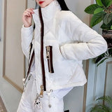 Women's Clothing Cotton Liner Quilted Coats Winter Casual Solid Color Stand Collar Stylish Spliced Zipper Straight Down Jackets-Outfit