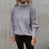 Fongt And Winter New Striped High Leader Mouth Button Sweater Solid Color Casual Loose Plus Size Sweater Woman-Outfit