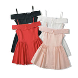Fongt Spring New Sweet One Word Collar Sling Dress Sexy Back Chic Slim Short Dress-Outfit