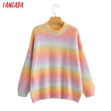 Women 2021 Fashion Rainbow Striped Knitted Sweater Jumper O Neck Female Elegant Oversize Pullovers Chic Tops