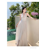 Chic Stunning Sleeveless Collar Hanging Neck Dress Summer New Gentle Temperament Closed Waist Show Thin Long Skirt-Outfit