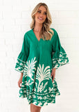 Fongt Summer New V-Neck Print Horn Sleeve Loose Short Dress Woman