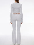 Long Sleeve Cropped Top Fold-over Flare Pants Set-Outfit