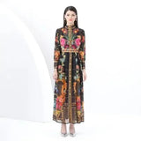 Fongt Elegant Court Style Positioning Print High-Necked Lantern Sleeves To Close Waist Dress Women's Spring Holiday Dress