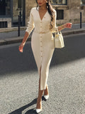 Fongt Women's Delicate High-End Front Buckle With Belt Knitted Dress
