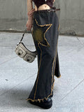 Ripped Star Pattern Vintage Grunge Midi Skirts Womens Aesthetic Y2K Clothes Low Waist Split Denim Trumpet/Mermaid