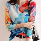 Natural Scenery Printed T-shirt Fashion Letter Animal Contrasting Colors Round Neck Spring Autumn Spliced Slim Pullovers-Outfit