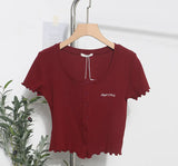Relaxing Wood Ear Embroidery Short Small Cardigan Bottom Shirt T-Shirt T-Shirt Umbilly T-Shirt