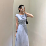 Chic Retro Elegant Lady Temperament Simple Pleated High Waist Belt Closed Waist Show Thin Dress-Outfit