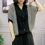 Striped Patchwork Blouse Korean Loose V-Neck Button Female Clothing Casual Short Sleeve Summer Stylish Commute Shirt-Outfit