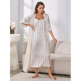 Fongt Pajamas Female Simulation Silk Long Sleeve Advanced Feeling Ice Silk Robe Home Suit-Outfit