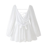 Fongt Explosive Women's Temperament V Neck Shoulder Sleeves Tethered Waist Dress