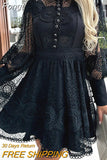 Lady Patchwork Button Round Neck Dress Elegant Women Slim Fit Summer Solid Dress Office Lace Long Sleeve Mini Dress