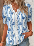 Wise Hot Style Summer V-Neck Lace Splicing Printed Shirt Shirt Women's Clothing-Outfit