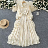 Fongt Elegant Dress Women Autumn Fasting Small High-Grade Lace Splicing Single Buckle Waist Over Knee Dress