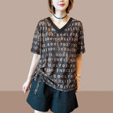Letter Printed Casual T-shirt Short Sleeve Summer V-Neck Spliced Female Clothing Commute Shirring Drawstring Pullovers-Outfit