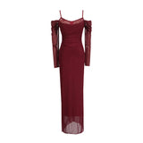 Fongt Women's Dress 2025 Spring Sexy Hottie Long-Sleeved Mesh Fashion Temperament To Open Fork Long Dress
