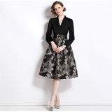 Fongt Dress Women's Autumn New Light Luxury Niche High-End Feeling Deep V-Neck Splicing Of The Flowers Showing Thin And Fluffy Long Dress