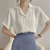 Fongt Spring And Summer College Style Retro Korean Version Of Professional Suit Collar Turn Students Short Sleeve Shirt Female Pure Color Top