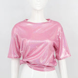 Fongt Ebay Summer Korean Version Loose Shiny Reflective Short-Sleeved T-Shirt Women-Outfit