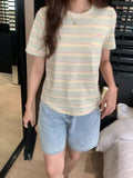Style Rainbow Striped Round-Neck T-Shirt Women's Summer Loose Style Vintage Blouse Design Sense