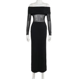 Fongt Autumn Famous Style Temperament Sexy Body Shoulder Mesh Stitching Dress