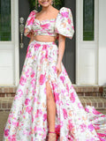 Fashion Sexy Suit 2025 New Breast-Wear Bubble Sleeve Short Top + Long Open Fork Half-Dress