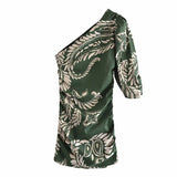 Women Vintage Printed Fashion Asymmetric Dress One Shoulder Half Sleeve Chic Lady Draped Mini Short Dresses
