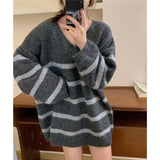 Breeze Loose V-Collar Head Striped Sweater Autumn And Winter Retro Temperament Medium-Long Style Sweater Sweater-Outfit