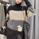 Vintage Striped Spliced Sweaters 2023 Autumn Winter Casual Turtleneck Female Clothing Korean Split Patch Designs Jumpers-Outfit