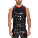 Fongt Men's Mirror PU Bright Leather Round Collar T-Shirt Slim Leisure Waterproof Sleeveless Vest No Smell-Outfit