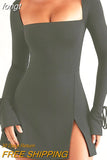 Sleeve Bodycon Black Dress Square Neck Basic Slim Spring Autumn Dresses Solid Streetwear High Side Split Mini