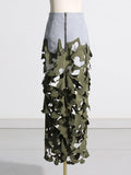 Fongt New Personality Trend Army Green Irregular Hollow Out Splicing Camouflage Design Sense Women's Long Skirt-Outfit