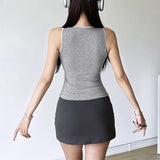 Fongt Summer New Women's Round Collar Sleeveless Hollow Strap Waist Slim Solid Color Small Vest-Outfit