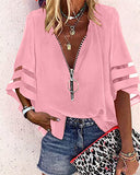 Zipper Half Bell Sleeve Mesh Solid Color Stitching Loose Casual Women's
