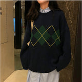 Vintage Argyle Print Round Neck Sweater-Outfit