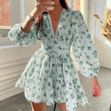 Fongt Women's Wear Temperament Sweet Floral High Waist Slim V Collar Short Long Sleeve Winter