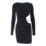 Fongt Women's INS Fashion Wear With Sexy Hot Girl Waist Hollow Out Metal Decoration Long Sleeves Wrapped Hip Dress Women-Outfit