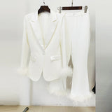 Fongt New Fashion Temperament Real Feather Ostrich Hairy Blazer Nine-Point Trouser Suit Two Sets