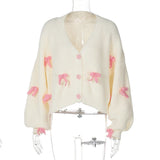 White Short Pink Bow Cardigan-Outfit