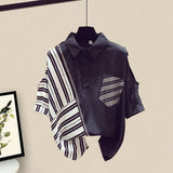 Women Summer korean two pieces set for women streetwear off the shoulder striped patchwork blouse and irregular mesh skirts