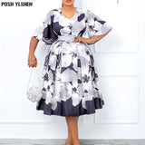With Belt 2022 Summer African Floral Dress For Women Sexy Sweet V-Collar Flare Sleeve Robe Femme Style Print Porm Midi