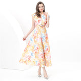 Fongt Court Style Print Flying Sleeve Dress Women's Summer Net Yarn Hollow Hook Design Light Luxury Temperament Dress