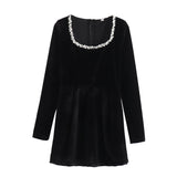 Fongt Women's Autumn And Winter New Diamond-Sleeved French Waist-Sleeved Velvet Mini Dress