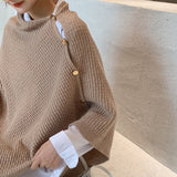 Women Versatile Knitted Scarf Solid Wraps Poncho Sweater with Buttons Autumn Winter Warm Shawl Cape