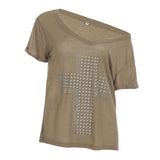 Fongt Sub-Series Cross Scald Copper Slanted Shoulder Loose Casual T-Shirt Hottie Street Sexy V-Neck On The Shoulder